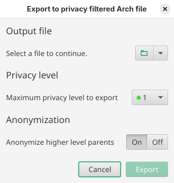 Export data file by privacy dialogue