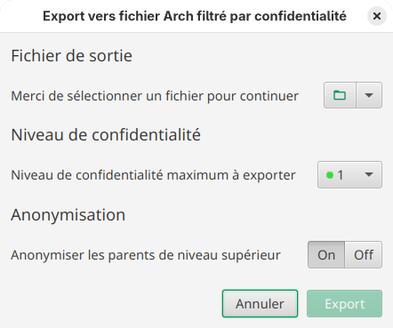 Dialogue d’export d’un fichier de données par niveau de confidentialité