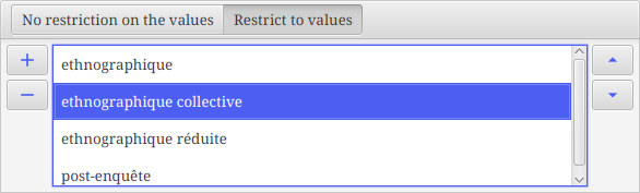 View of the restricted values panel